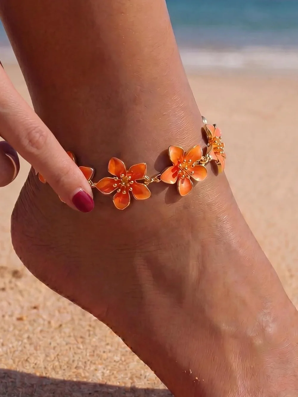 Anthropologie Gold color and Orange Enamel Flower Anklet